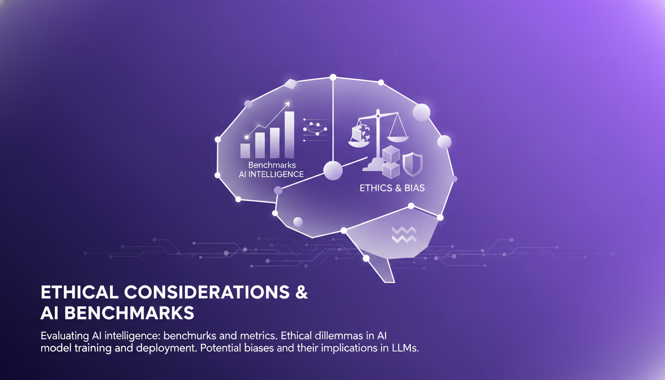 Modern illustration on AI ethics and benchmarks with geometric shapes and violet gradients, symbolizing challenges and biases.