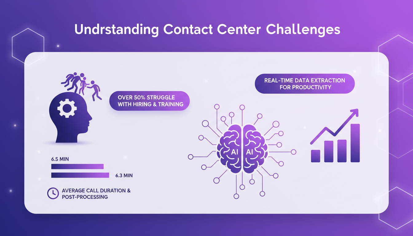 Illustration moderne de centre de contact avec défis: embauche, formation, durée d'appel, extraction de données en temps réel, style minimaliste.