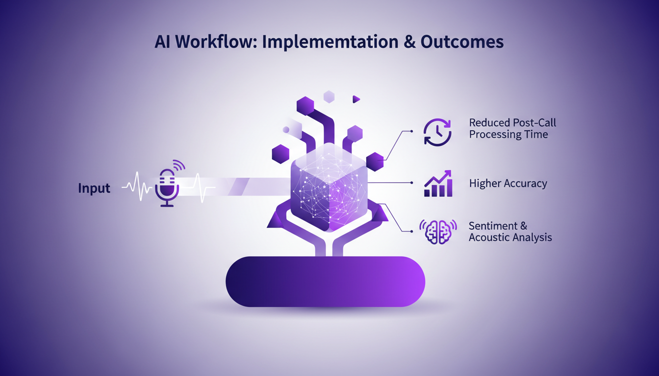Illustration moderne de flux de travail AI, analyse audio intégrée, réduction du temps de traitement post-appel, précision accrue.