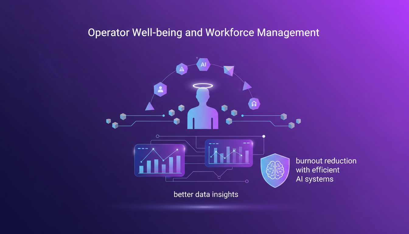 Illustration moderne de la gestion du bien-être des opérateurs avec outils IA, soulignant la réduction de l'épuisement professionnel.