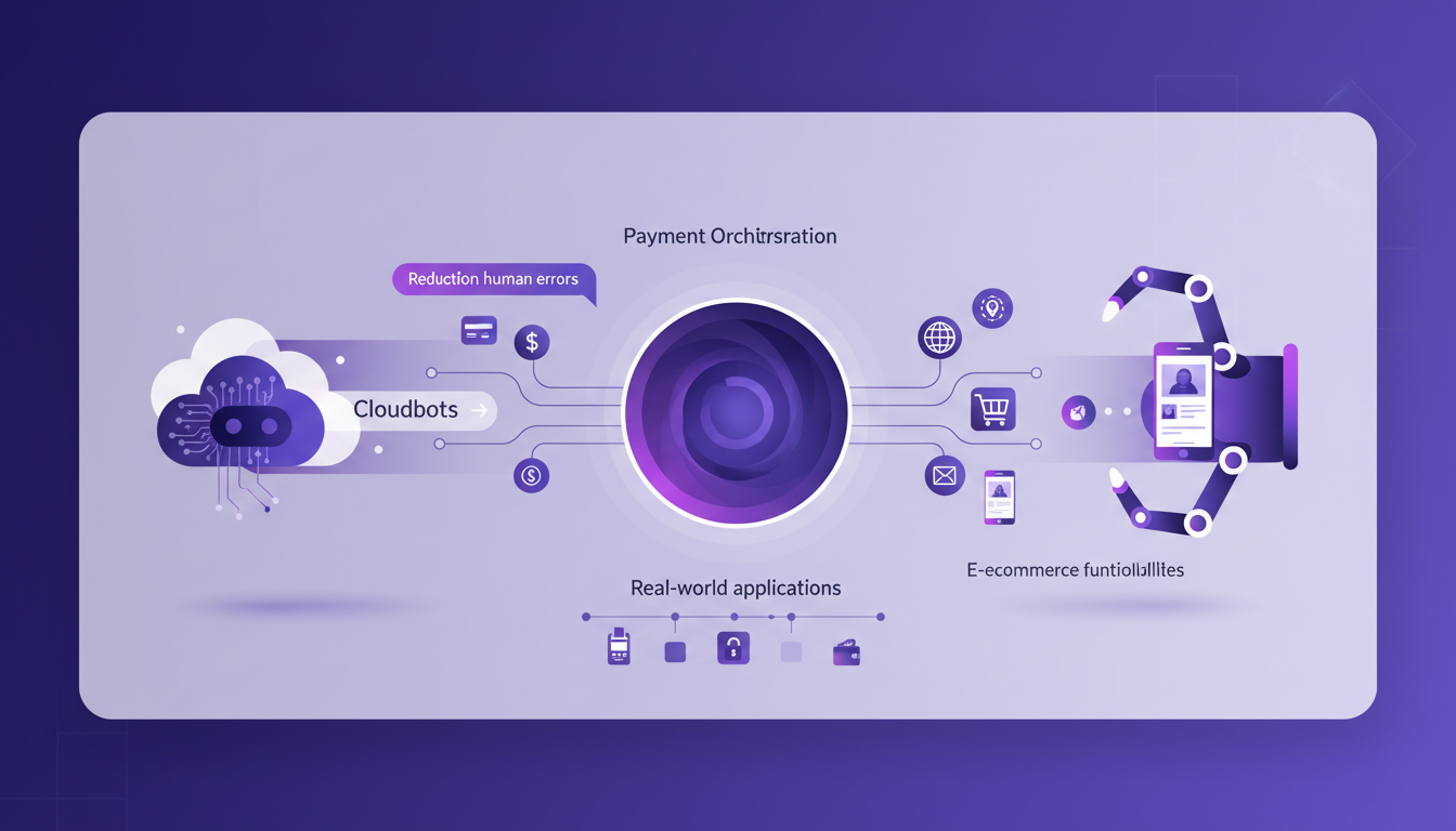 Illustration moderne de cloudbots automatisant les paiements avec des griffes ouvertes, intégrant l'IA dans le e-commerce.