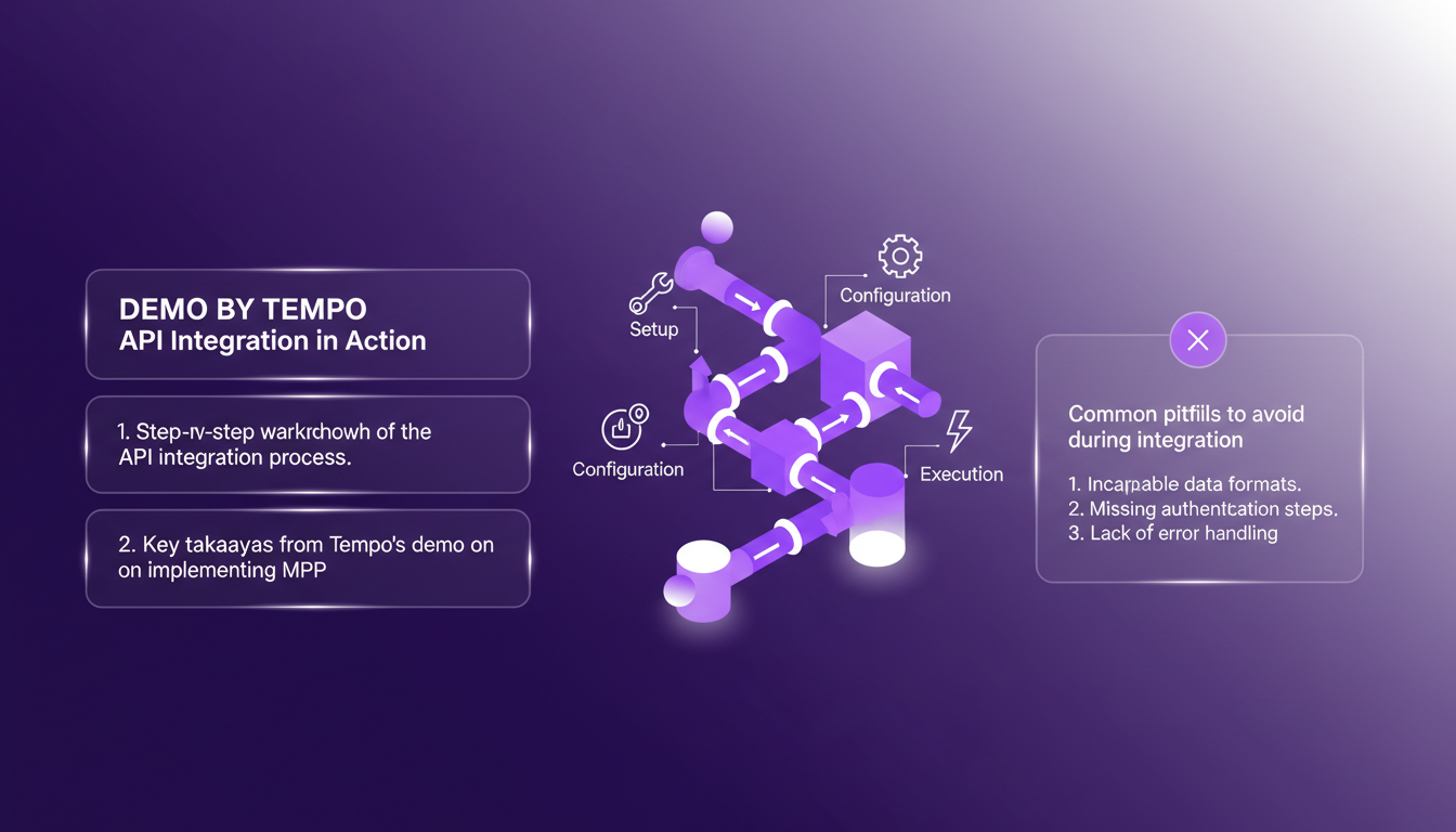 Illustration moderne de l'intégration API par Tempo, montrant un processus étape par étape avec des formes géométriques et des dégradés.