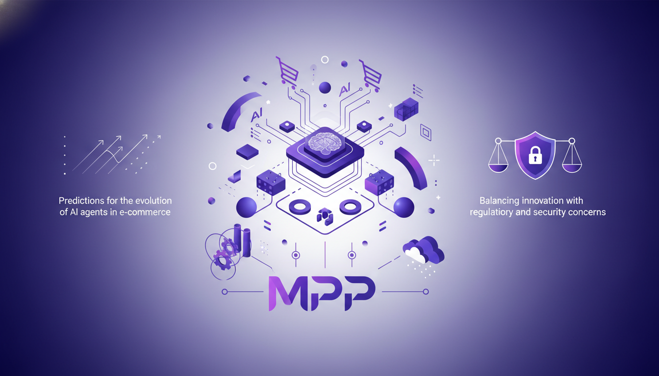 Illustration moderne de l'avenir du commerce électronique avec MPP, mettant en valeur l'innovation IA et la sécurité, tons indigo et violet.