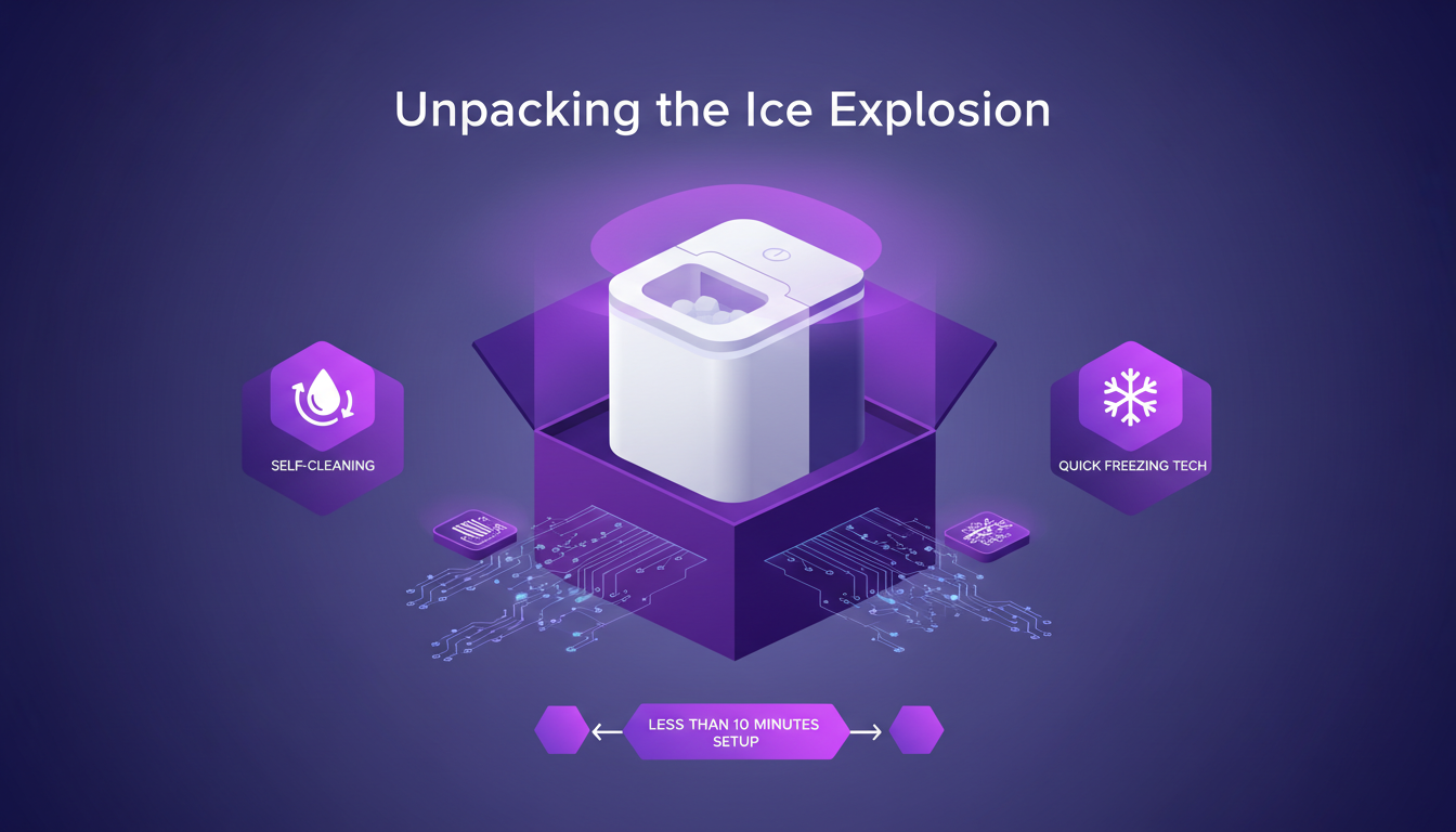 Modern illustration of Ice Explosion, compact design, easy setup, quick freezing tech, self-cleaning, professional and innovative.