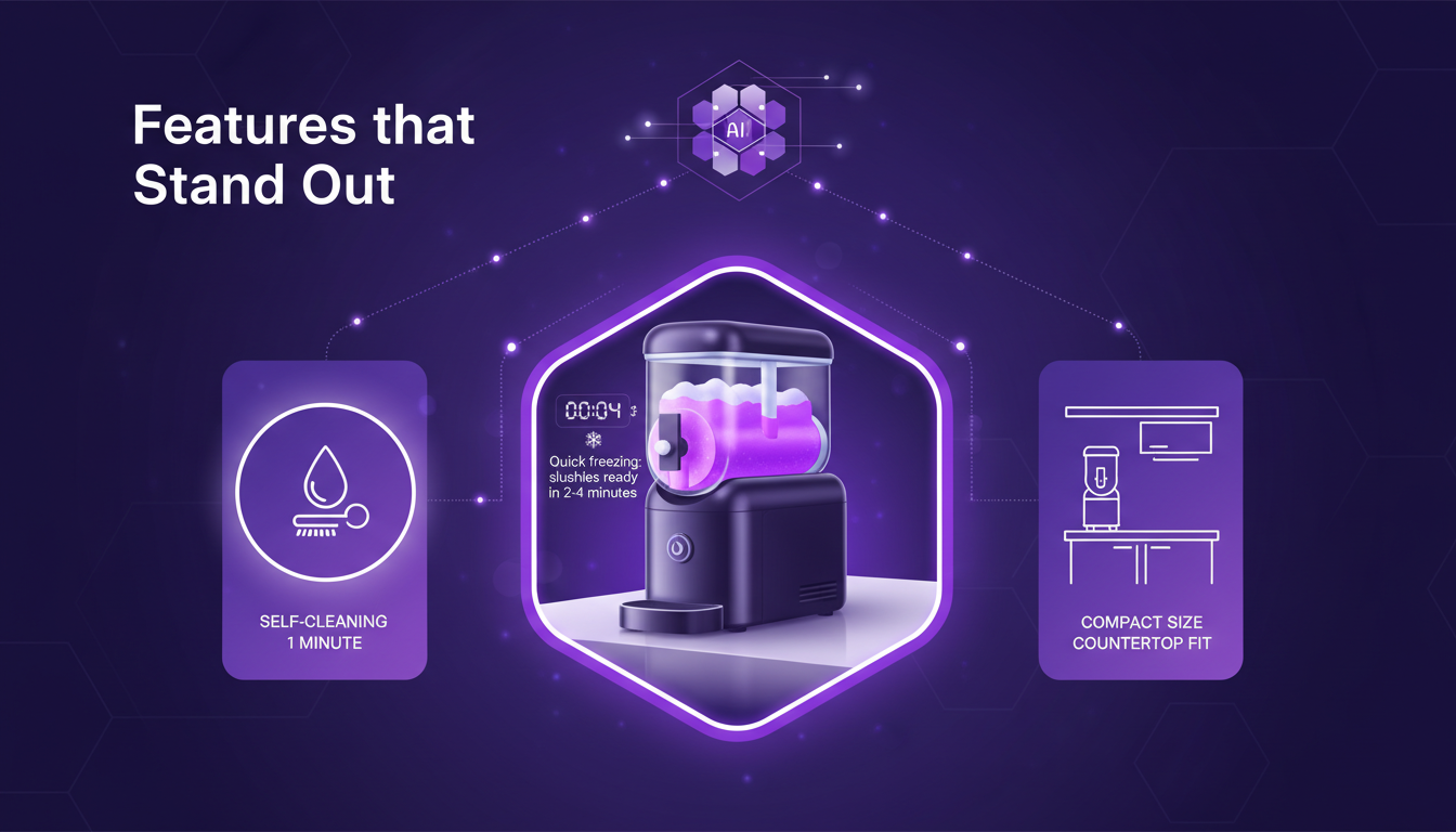 Modern AI kitchen device illustration, compact in violet and indigo, featuring quick freezing and self-cleaning functions.