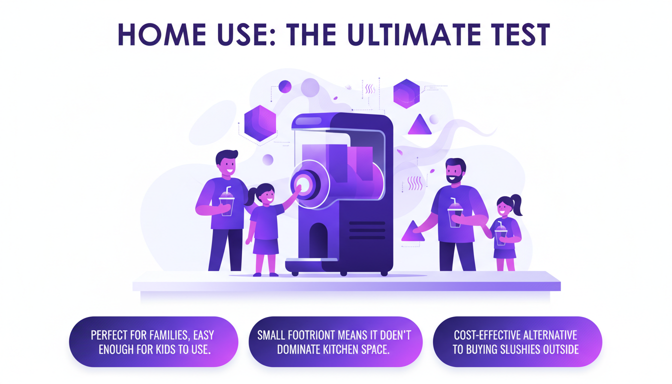 Modern illustration of a compact slushy machine, perfect for families, easy for kids, fitting seamlessly in a kitchen setting.