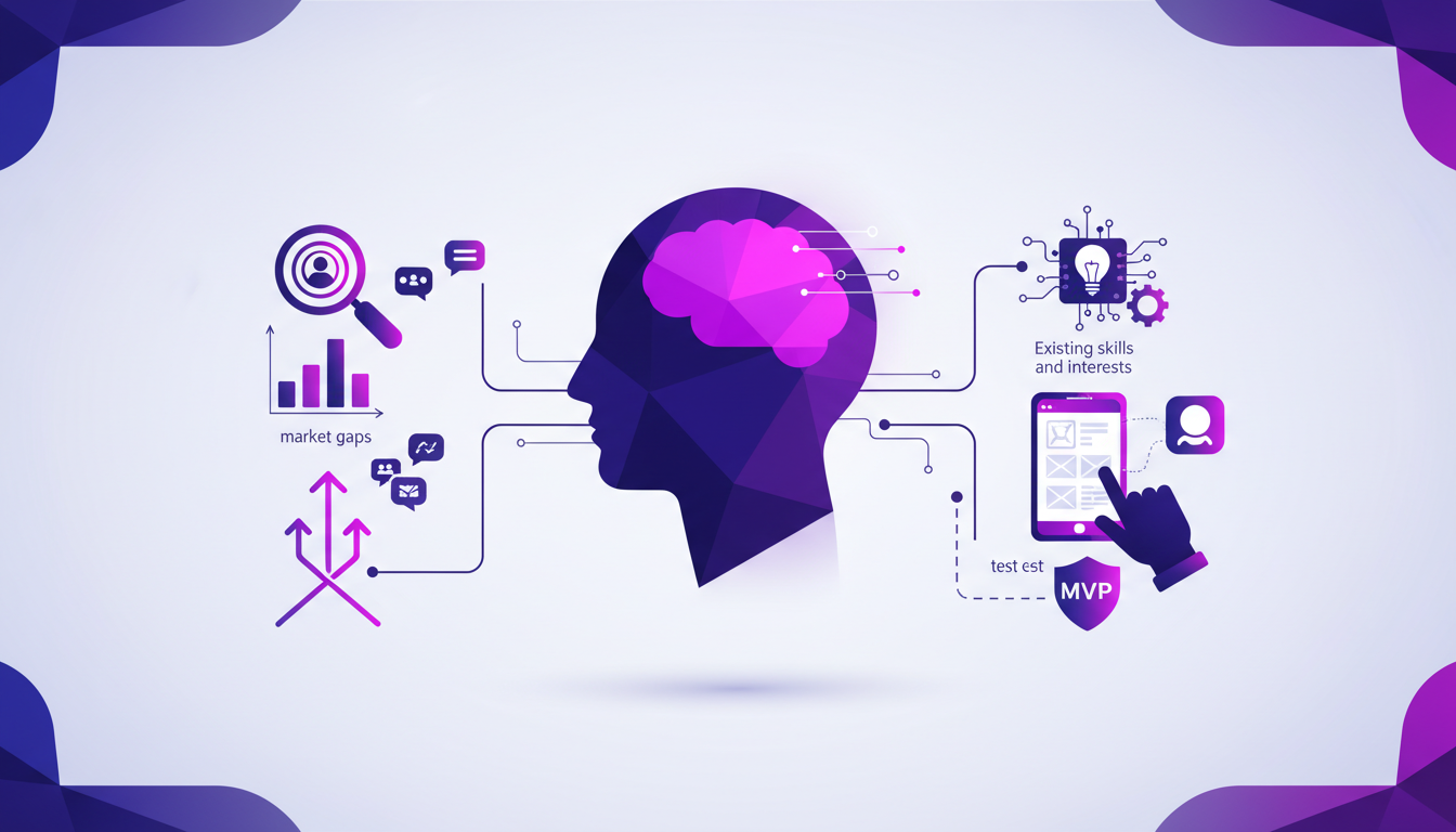 Modern illustration of app idea: identify market gaps, use MVPs, indigo and violet palette, geometric shapes, soft shadows.