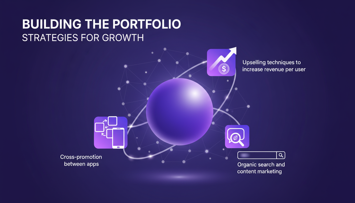 Modern minimalist illustration on portfolio building, highlighting growth strategies with geometric shapes and indigo-violet gradients.