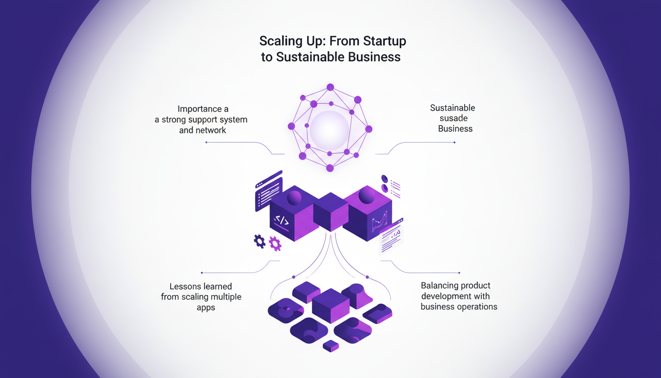 Modern minimalist illustration of scaling startups to sustainable businesses, featuring AI technology, geometric shapes, and gradient overlays.
