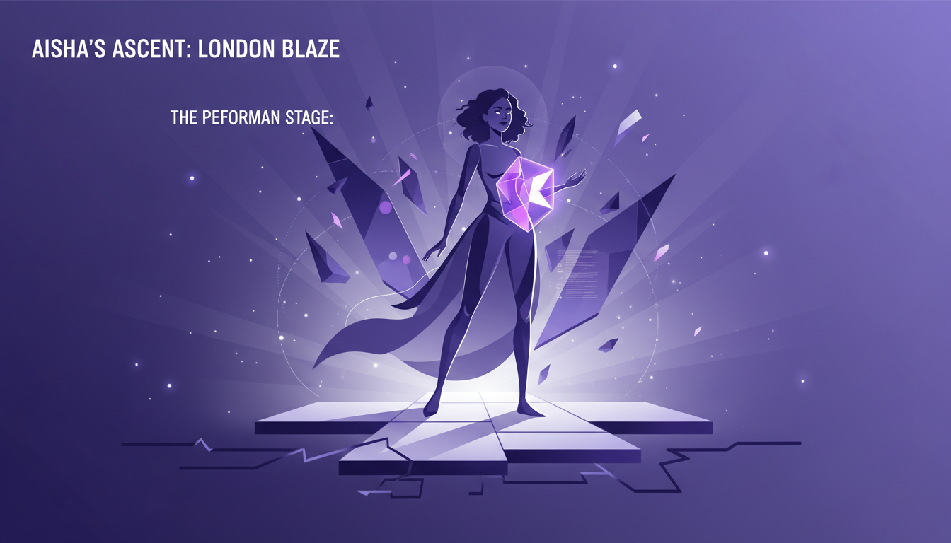 Illustration moderne d'Aisha sur scène, exprimant ses émotions et défis lors de sa première performance au London Blaze.
