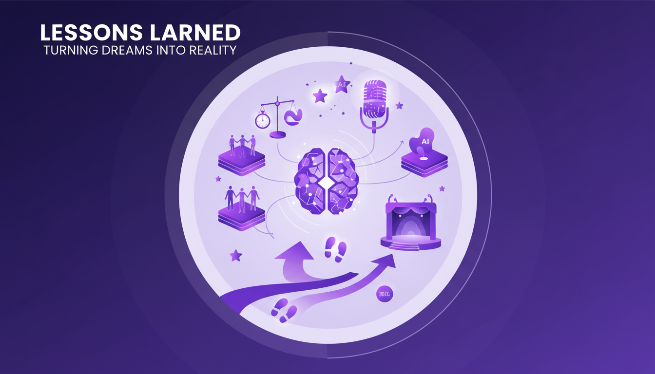 Illustration moderne sur fond indigo et violet, symbolisant le soutien et la préparation pour réaliser ses rêves, avec formes géométriques.