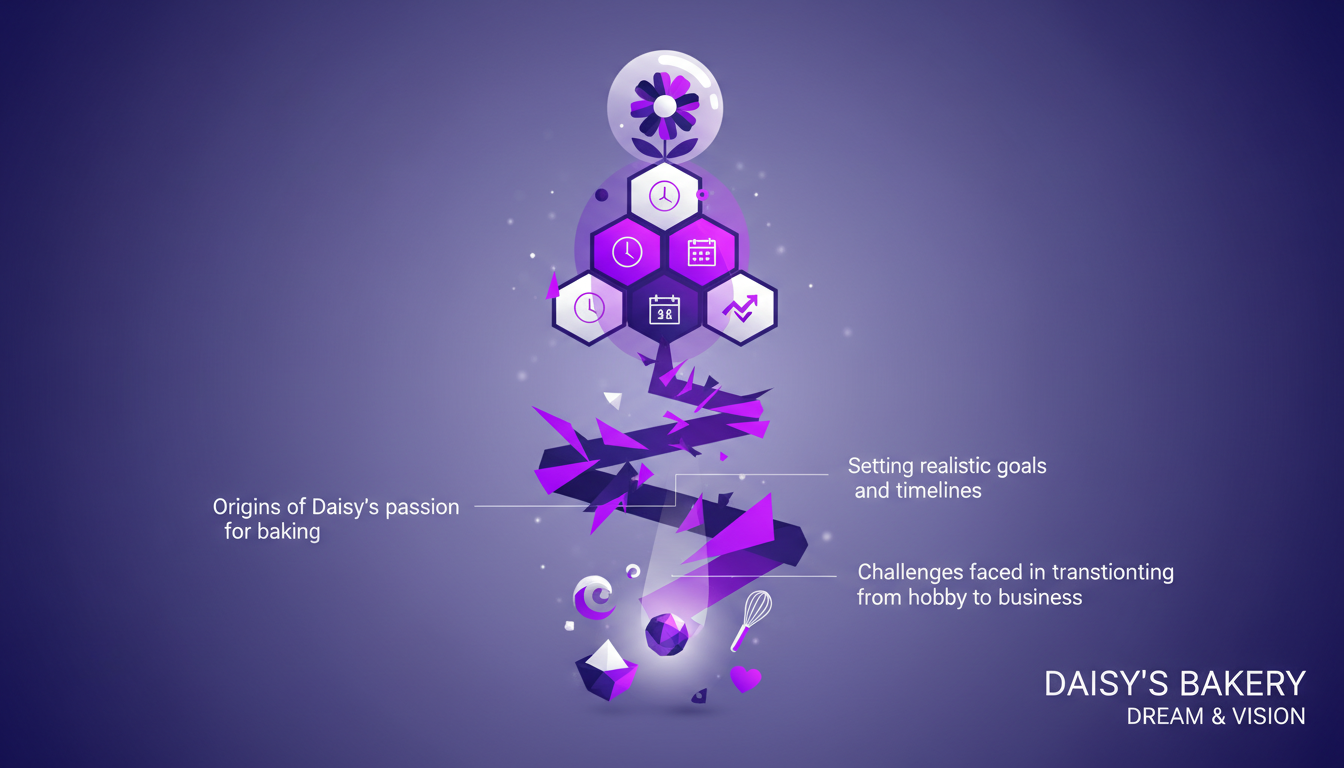 Illustration moderne de la vision de la boulangerie de Daisy, intégrant technologie AI et design minimaliste avec nuances indigo et violet.