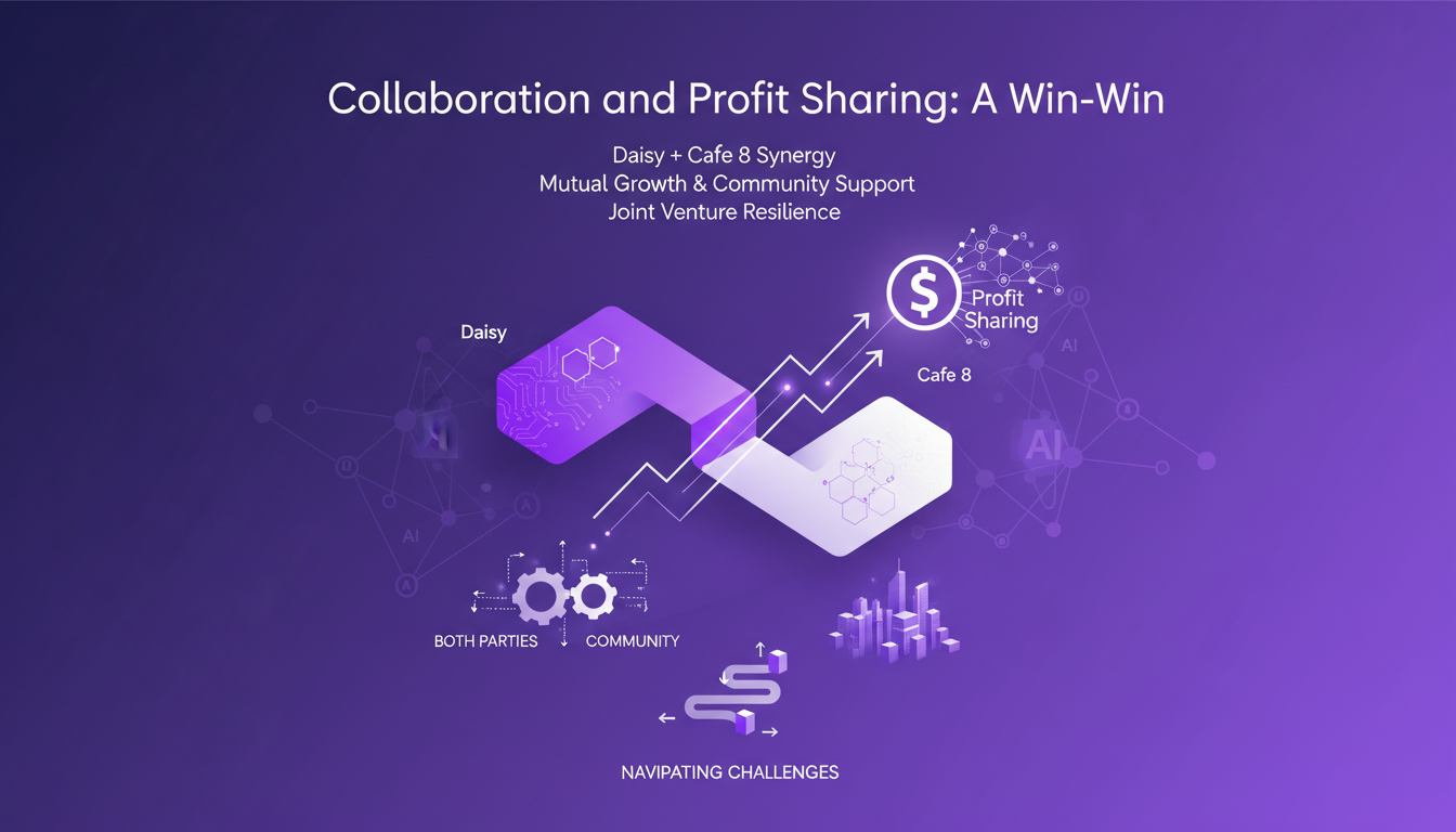 Illustration moderne sur la collaboration et partage de profits entre Daisy et Café 8, avec technologie IA et formes géométriques.