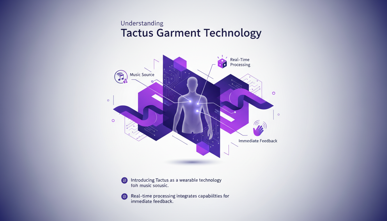 Modern illustration of Tactus garment technology integrating with music sources, showcasing real-time processing capabilities.