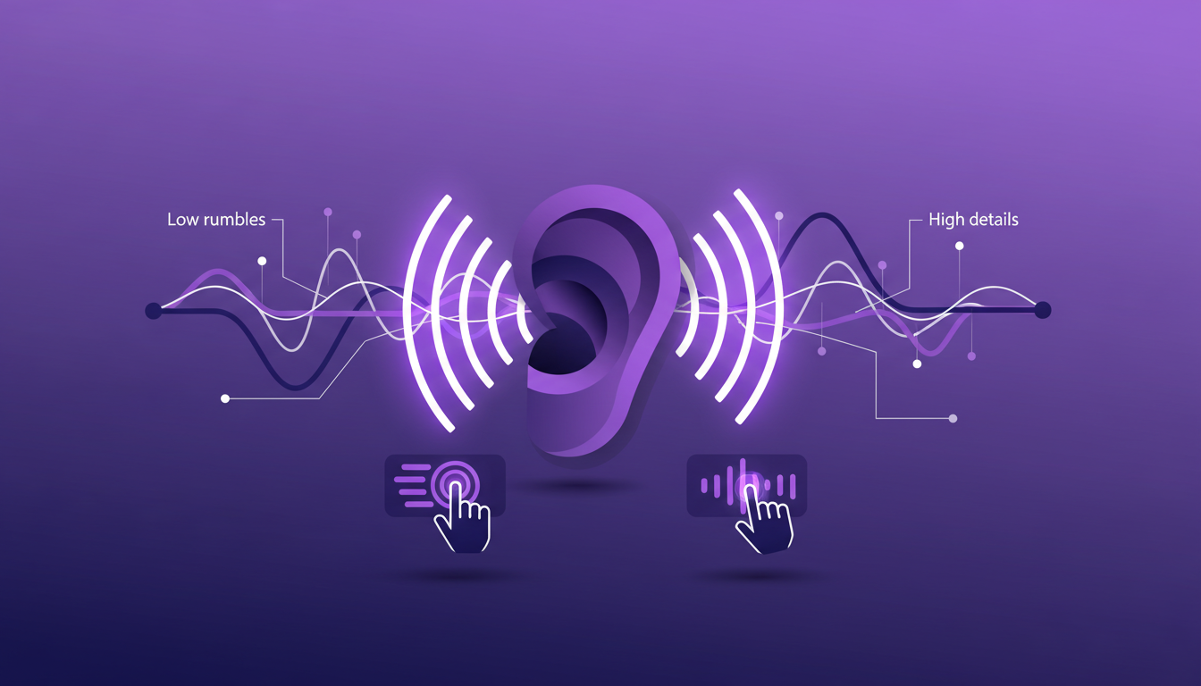 Modern illustration of experiencing music through vibrations with geometric shapes and indigo, violet, white gradients.