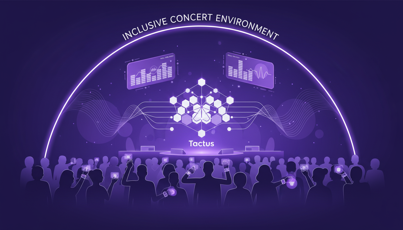 Modern illustration of inclusive concert for the deaf, integrating Tactus and AI, real-time dynamic adjustments, indigo and violet palette.