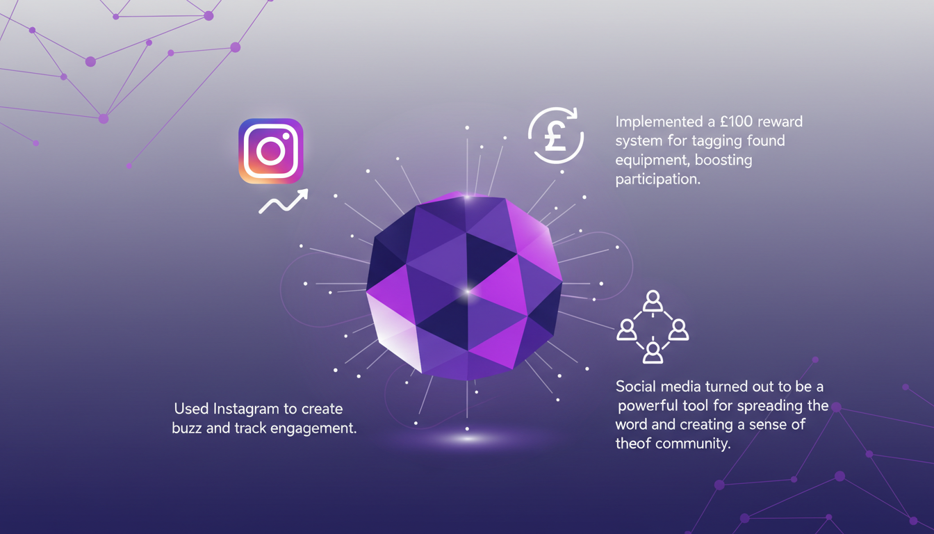 Modern illustration of community engagement via social media, using Instagram and a reward system to boost participation and spread awareness.