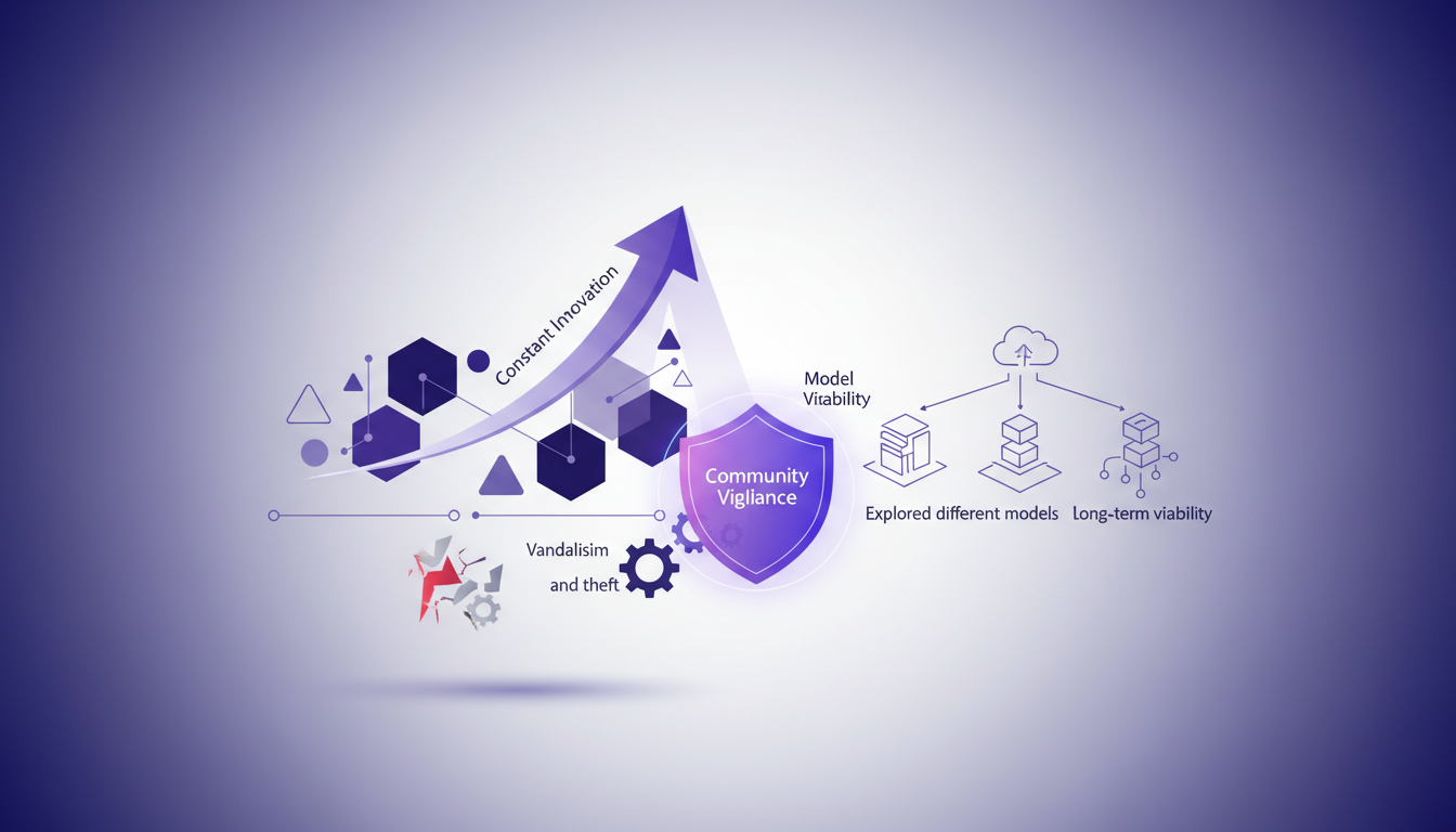 Modern illustration of challenges and sustainability of the model, featuring geometric shapes and indigo gradients, symbolizing innovation.