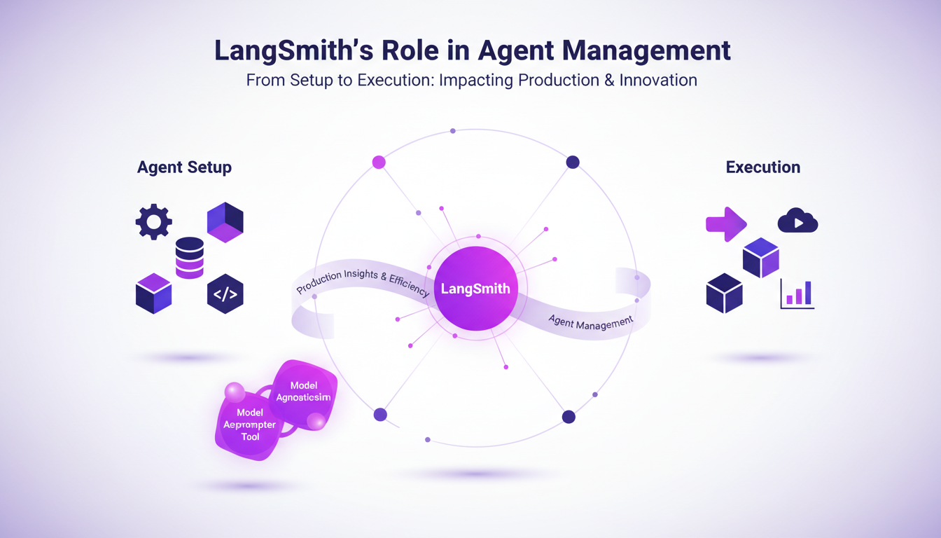 Modern illustration of LangSmith's agent management, highlighting impact on production insights and efficiency.