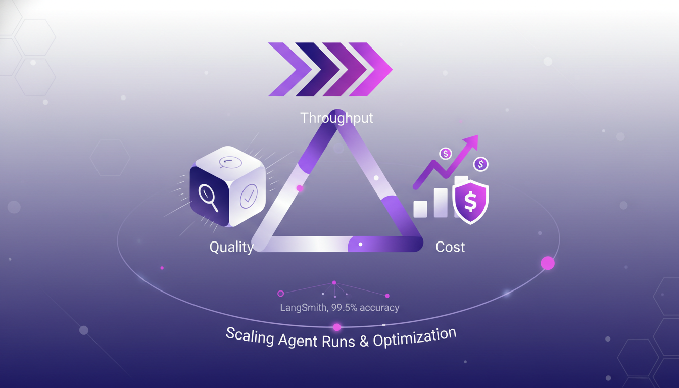 Modern illustration of balancing quality, throughput, and cost in AI, featuring geometric shapes and indigo-violet gradients.