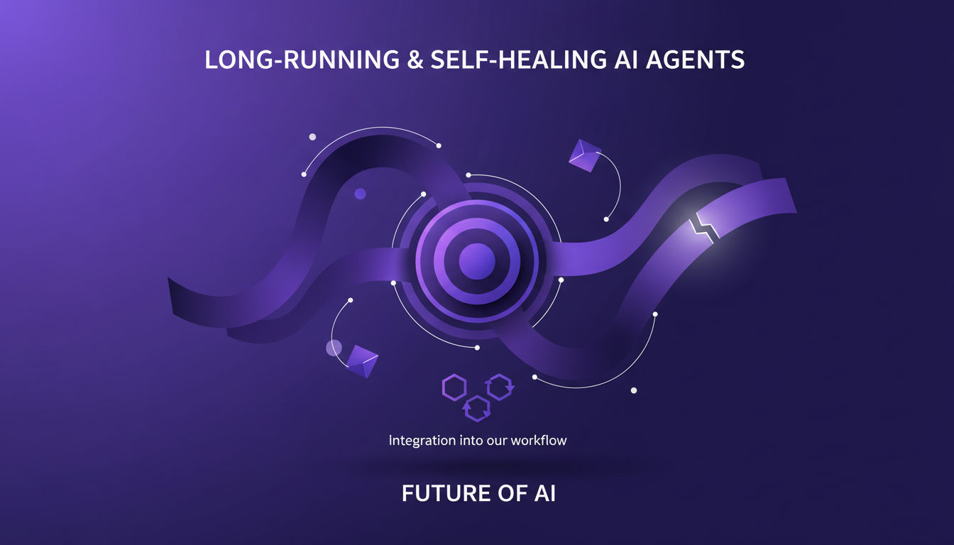 Modern illustration of the future of AI agents, highlighting concepts of self-healing and long-running agents with geometric shapes and subtle gradients.