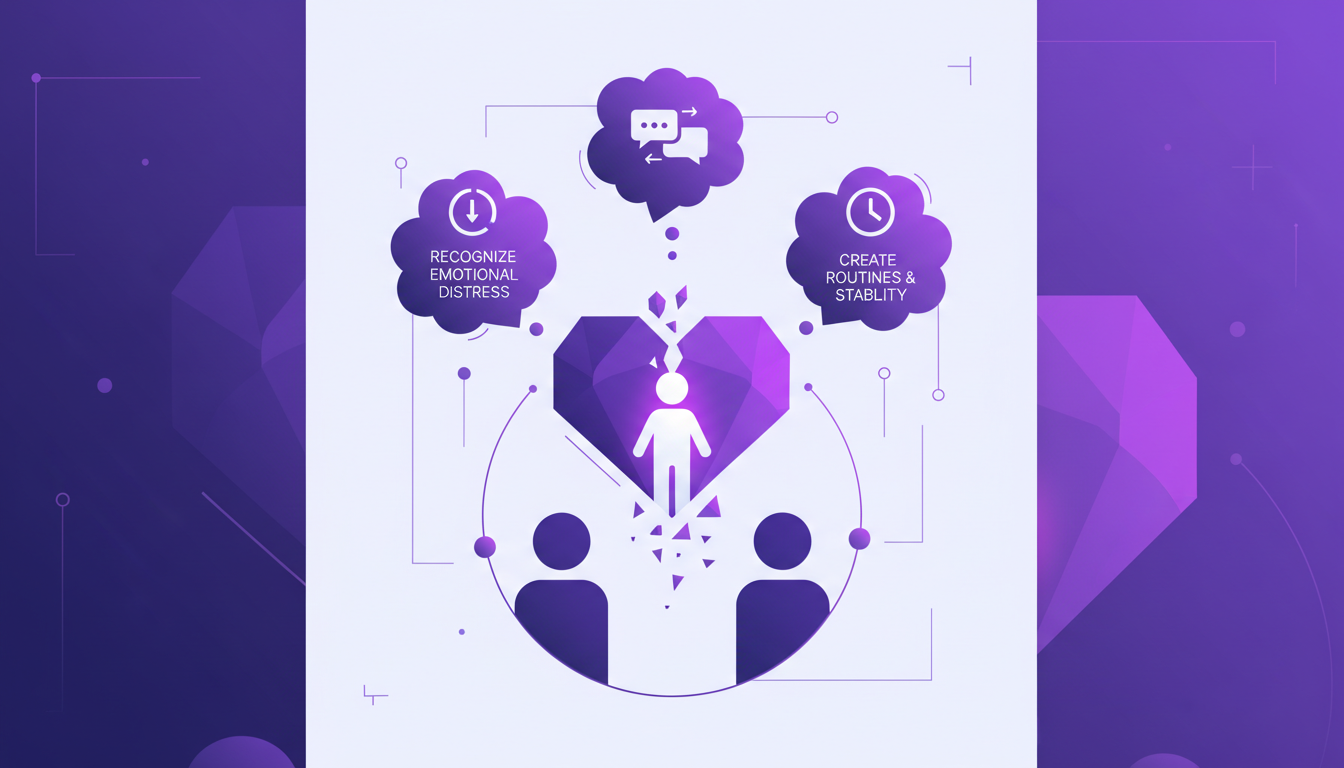 Modern minimalist illustration showing divorce impact on children, emotional distress signs, open communication, stability, AI technology.