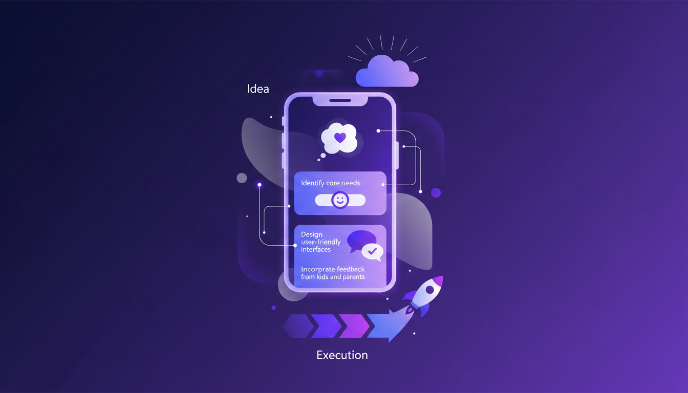 Modern illustration of a kids' divorce app, featuring user-friendly interfaces and geometric elements in indigo and violet hues.