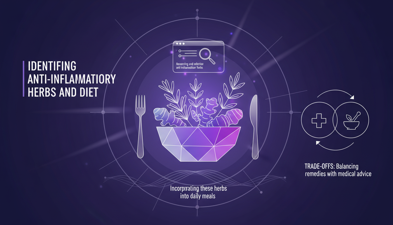 Illustration moderne de recherche sur les herbes anti-inflammatoires, intégrant des herbes dans l'alimentation quotidienne, style minimaliste.