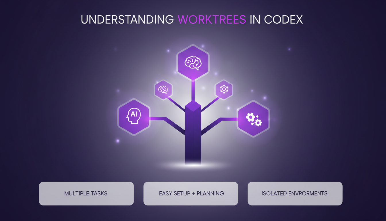 Modern illustration of worktrees in Codex, depicting multi-task management with geometric shapes and gradients in violet hues.