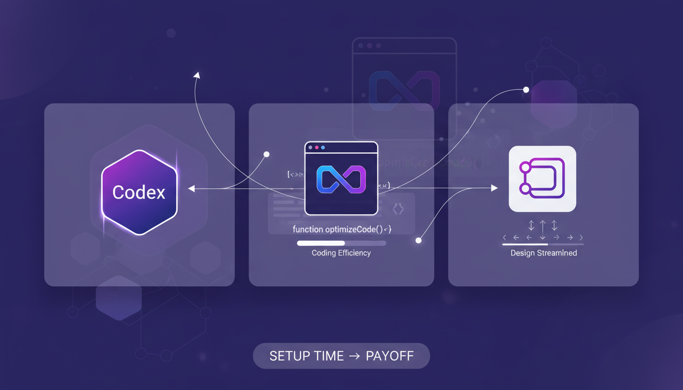 Modern illustration of integrating Codex with VS Code and Figma, boosting coding efficiency and design tasks, in deep indigo and violet hues.