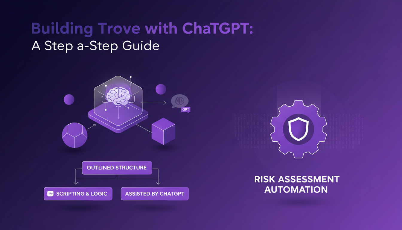 Illustration moderne de la construction de Trove avec ChatGPT, montrant une structure avec des formes géométriques et des dégradés indigo et violet.