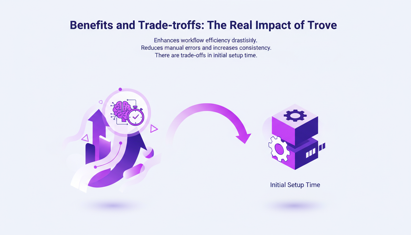 Illustration moderne décrivant les avantages et compromis de Trove: efficacité accrue, réduction des erreurs, temps de configuration initial.