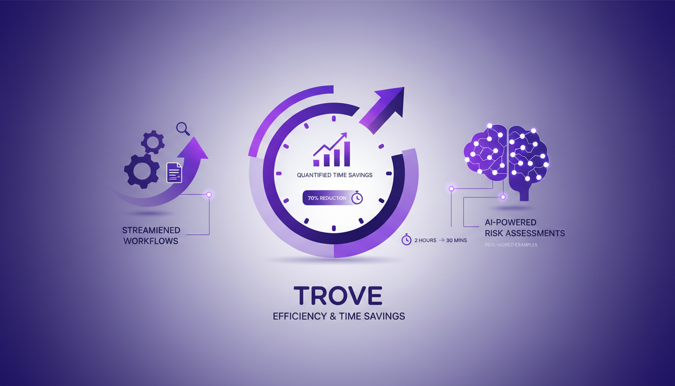 Modern illustration depicting time savings and improved efficiency with Trove, featuring geometric shapes and violet gradients.