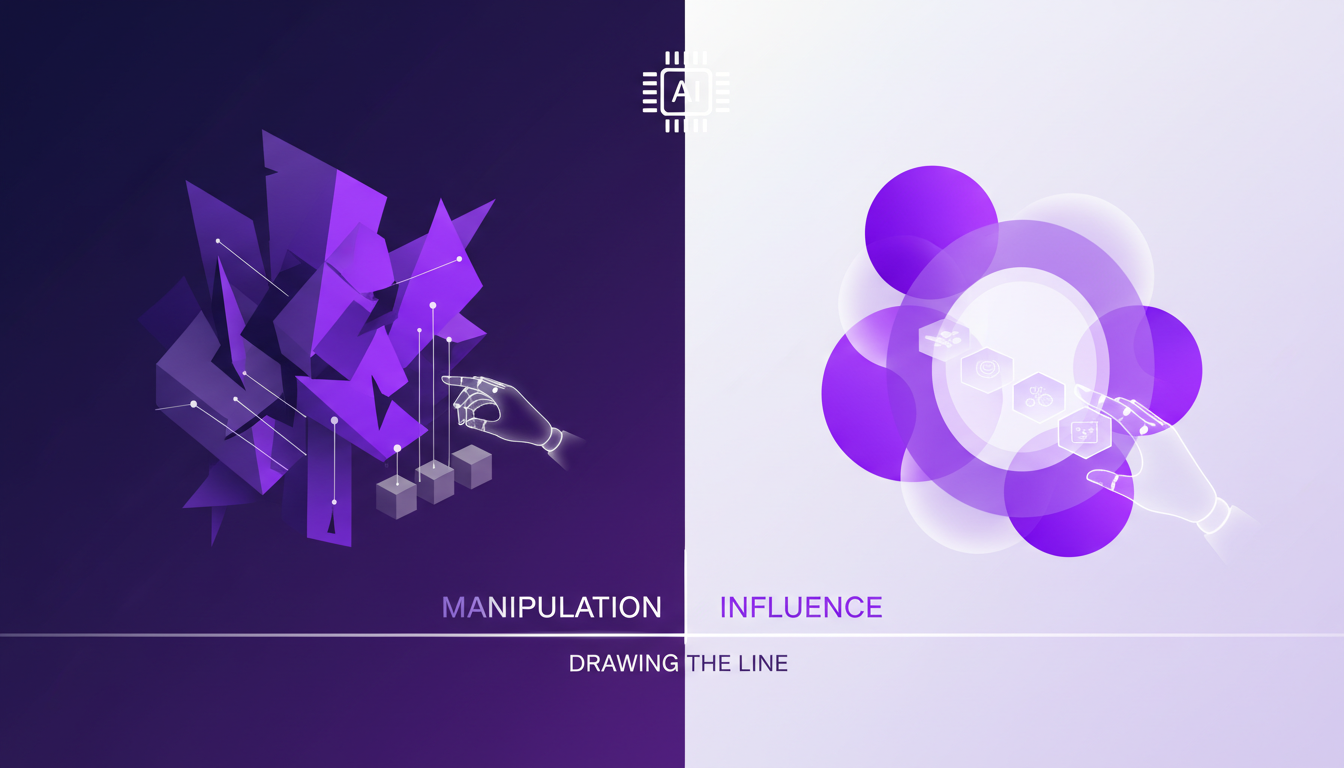 Illustration moderne minimaliste sur la manipulation vs influence, avec formes géométriques et dégradés indigo et violet, symbolisant AI.