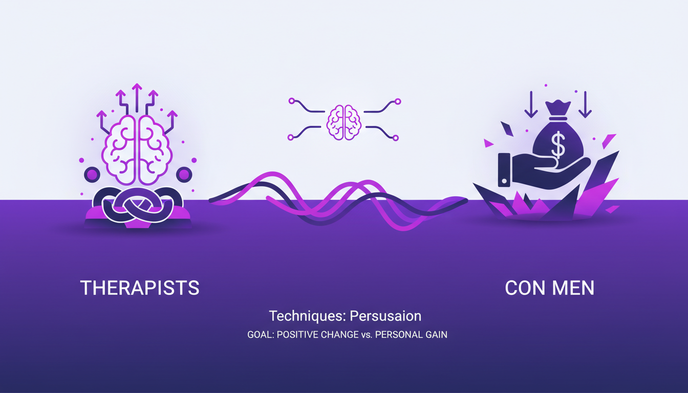 Illustration moderne minimaliste montrant les techniques des thérapeutes et des escrocs, avec des formes géométriques et dégradés indigo et violet.