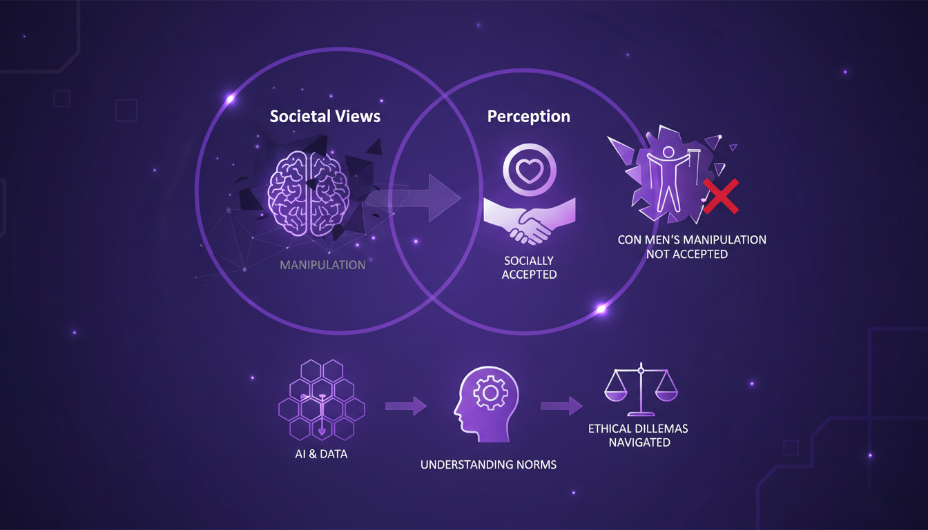 Illustration moderne de l'acceptation sociale et perception, formes géométriques, dégradés indigo et violet, symbolisant normes et thérapie.