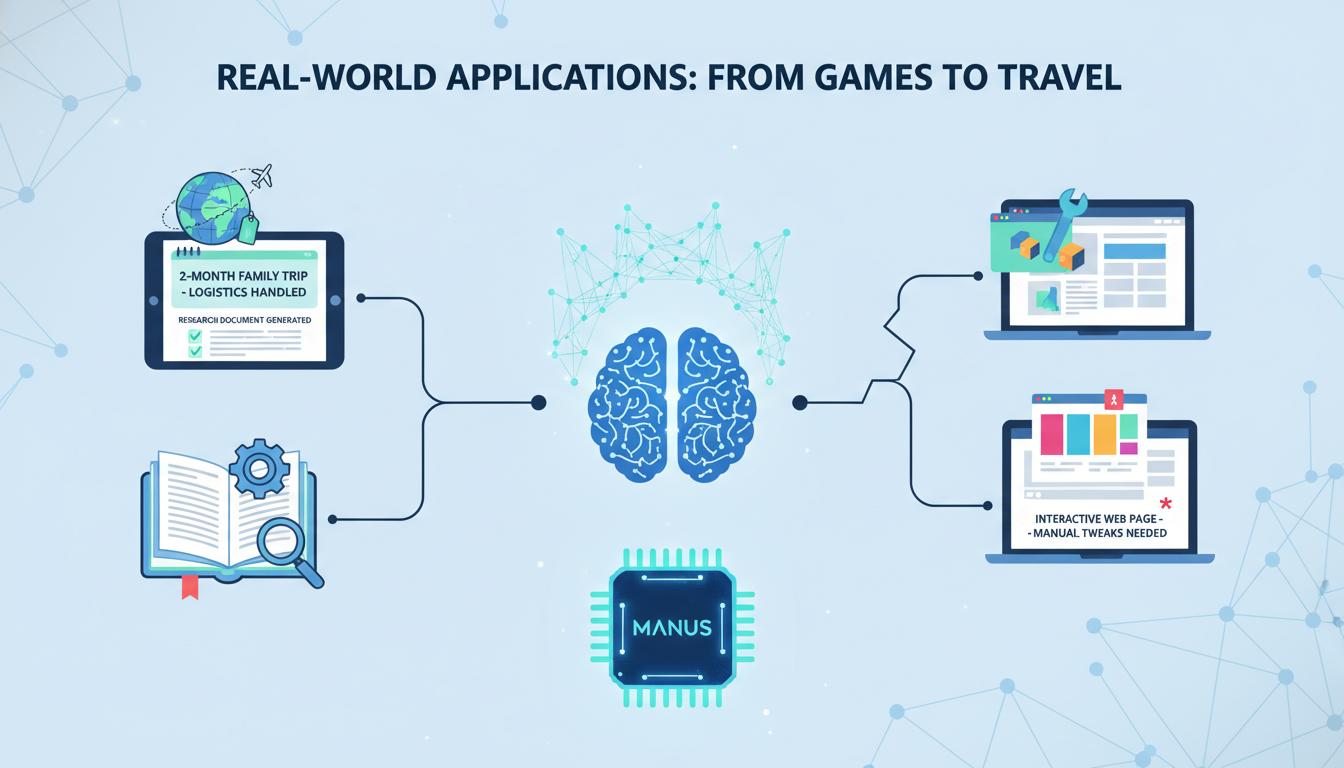 Modern illustration depicting real-world AI applications, from planning family trips to generating research documents, tech-focused style.