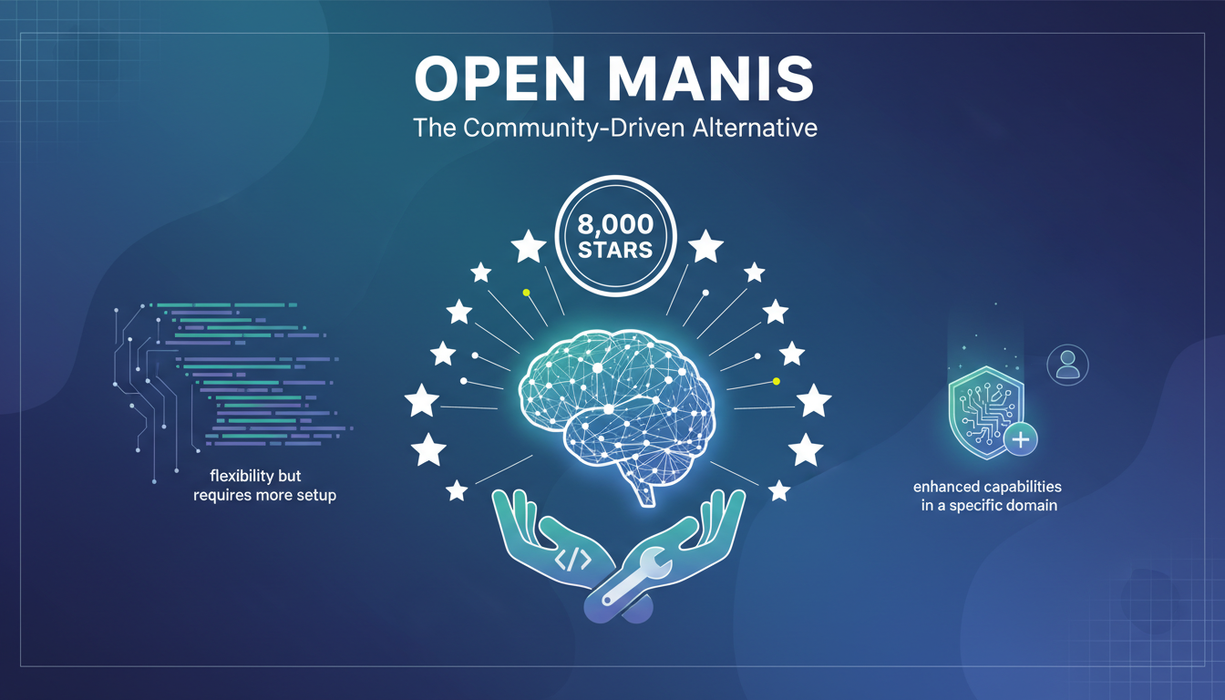Modern, professional illustration of Open Manis, an open-source project with over 8,000 stars, highlighting strong community interest.
