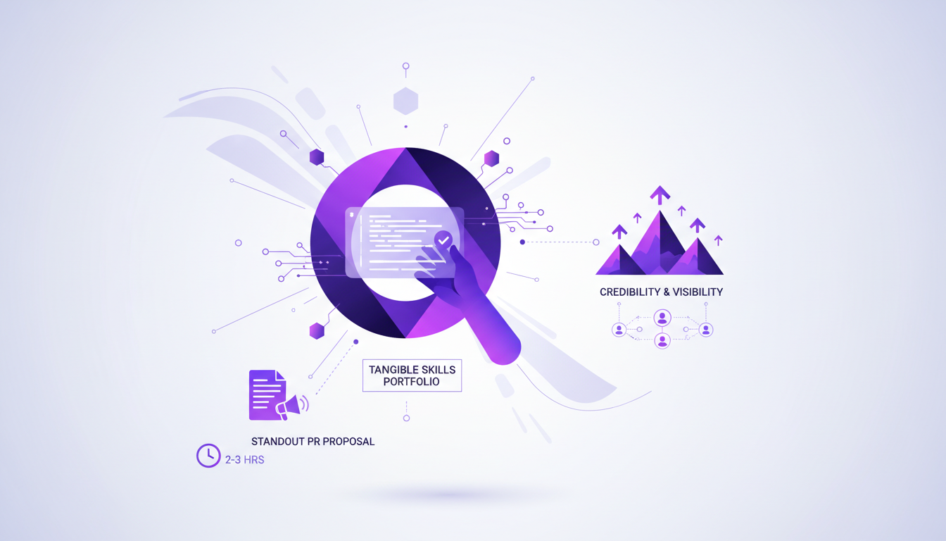 Illustration moderne et professionnelle montrant le développement de carrière via l'open source, avec des formes géométriques et des dégradés violets.