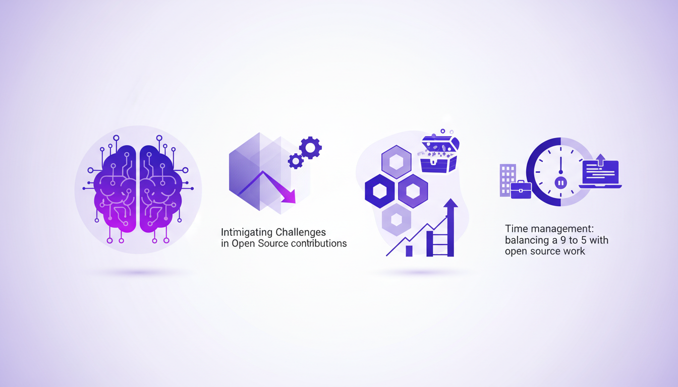 Illustration moderne surmonter défis contributions open source, gestion temps, AI, formes géométriques, couleurs indigo et violet.