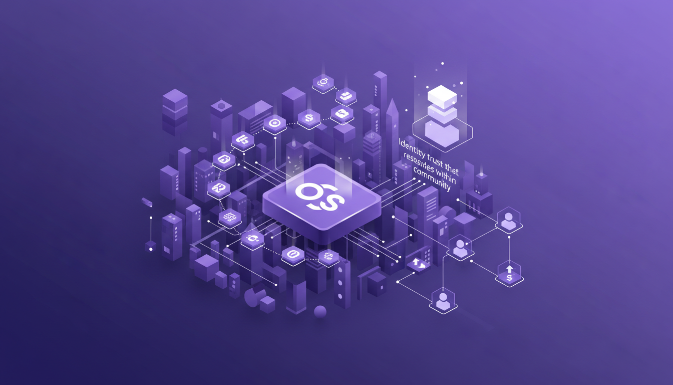 Illustration moderne sur la construction de la confiance et de l'identité dans les communautés open source, avec formes géométriques et dégradés.