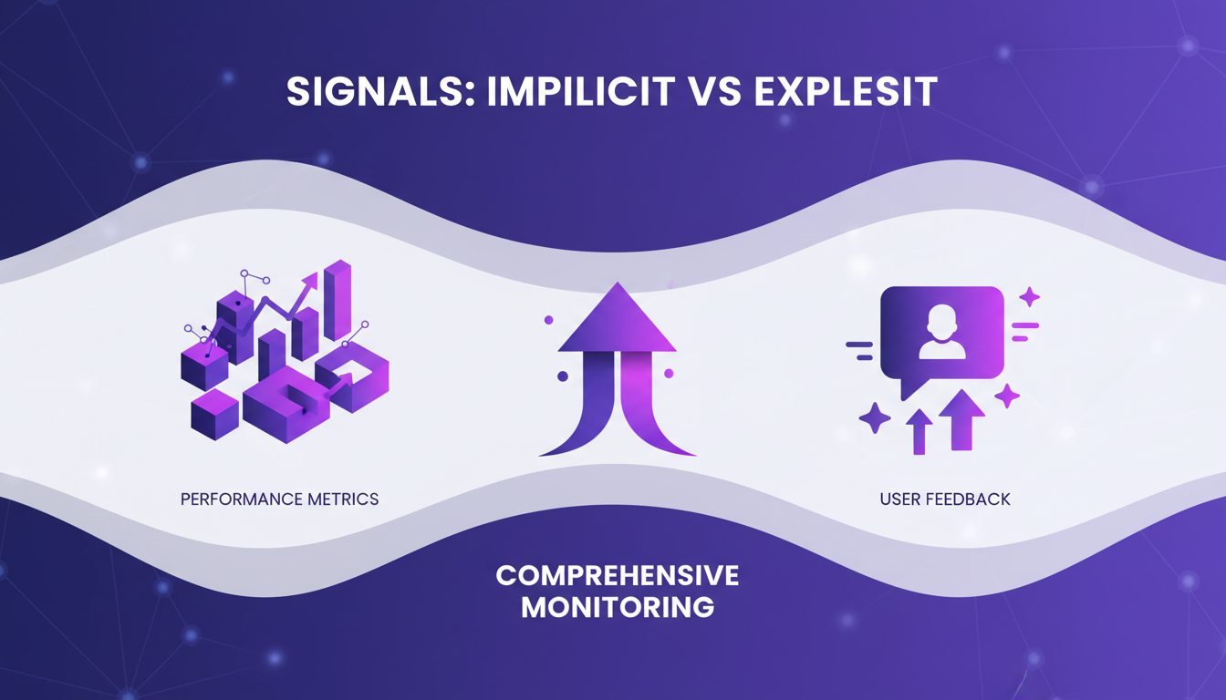 Illustration moderne sur les signaux implicites vs explicites en IA, avec des formes géométriques et des dégradés indigo et violet.
