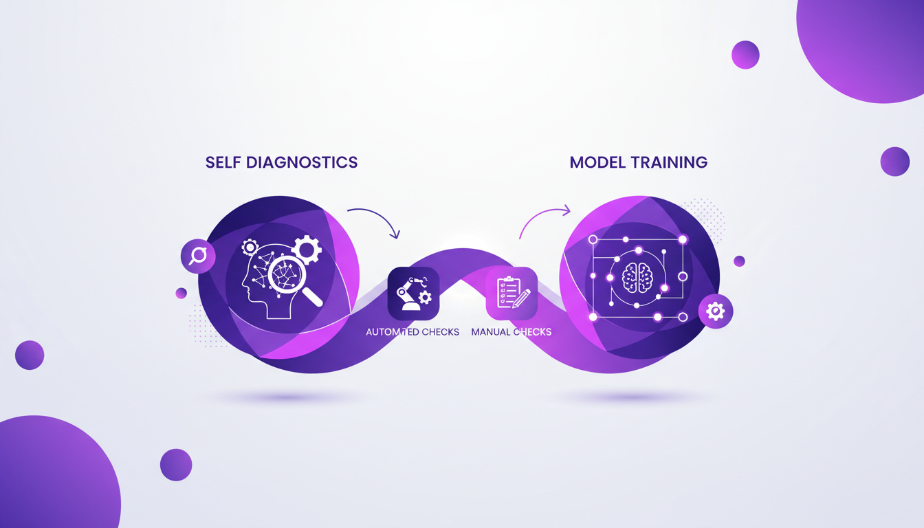 Illustration moderne de diagnostic autonome et formation de modèles IA, avec formes géométriques et dégradés indigo et violet.