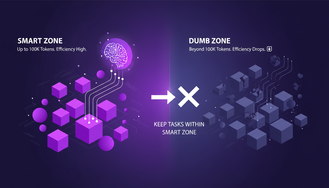 Modern illustration of smart and dumb zones in LLMs, highlighting efficiency up to 100K tokens in the smart zone.