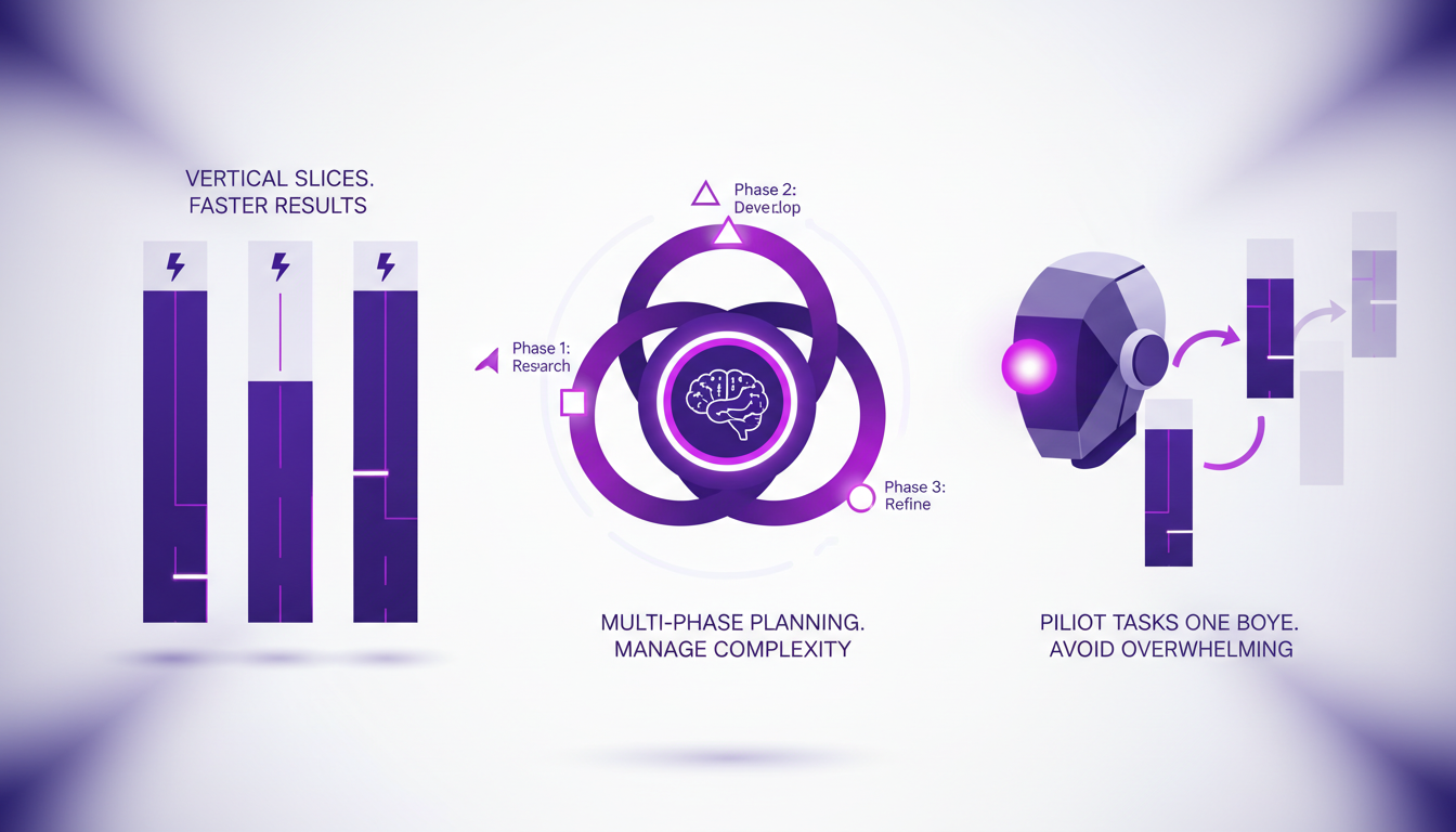 Modern illustration of task sizing and multi-phase planning with geometric shapes and gradients, highlighting AI technology.