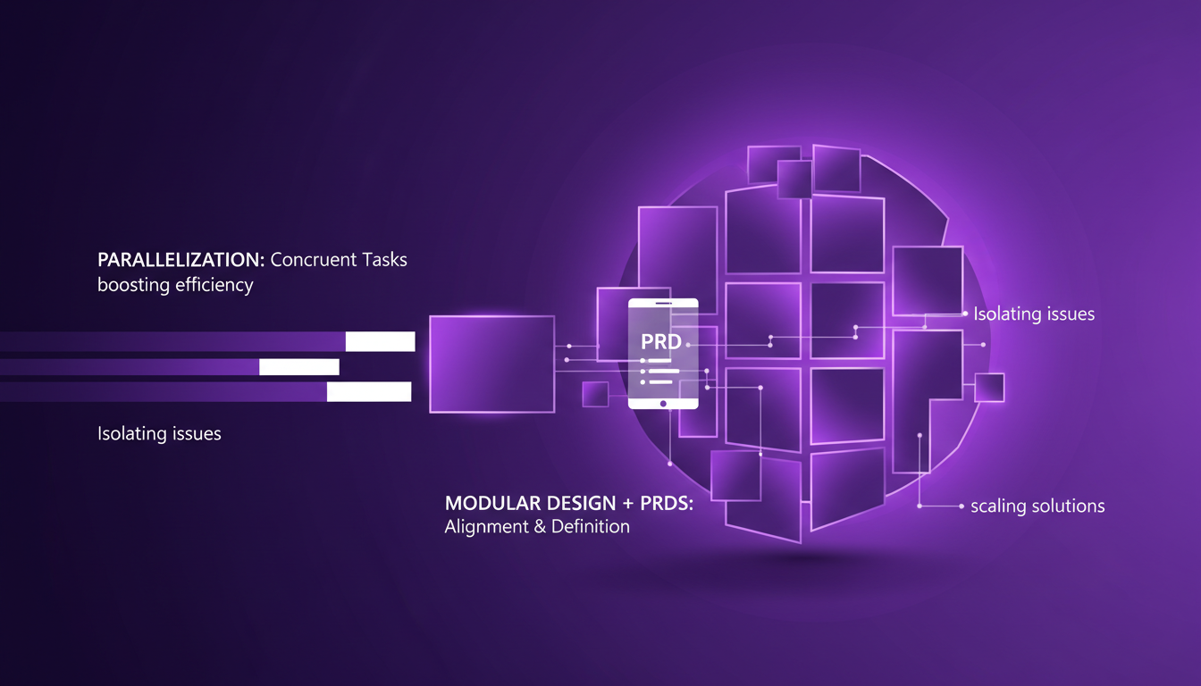 Modern illustration of parallelization and modular code design with geometric shapes and violet gradients, conveying innovation.