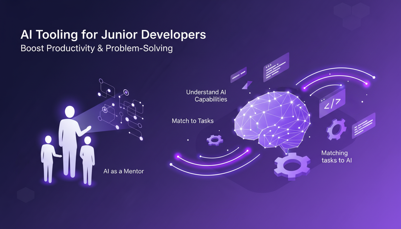 Modern illustration of leveraging AI tools for junior developers, featuring geometric shapes and violet gradients in a minimalist style.