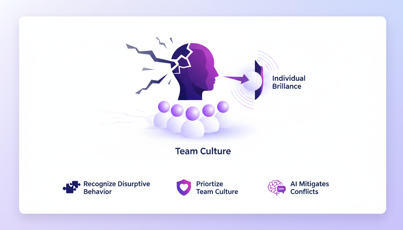 Modern illustration of 'brilliant jerks' impact on team culture, featuring geometric shapes and violet tones, highlighting AI's role.