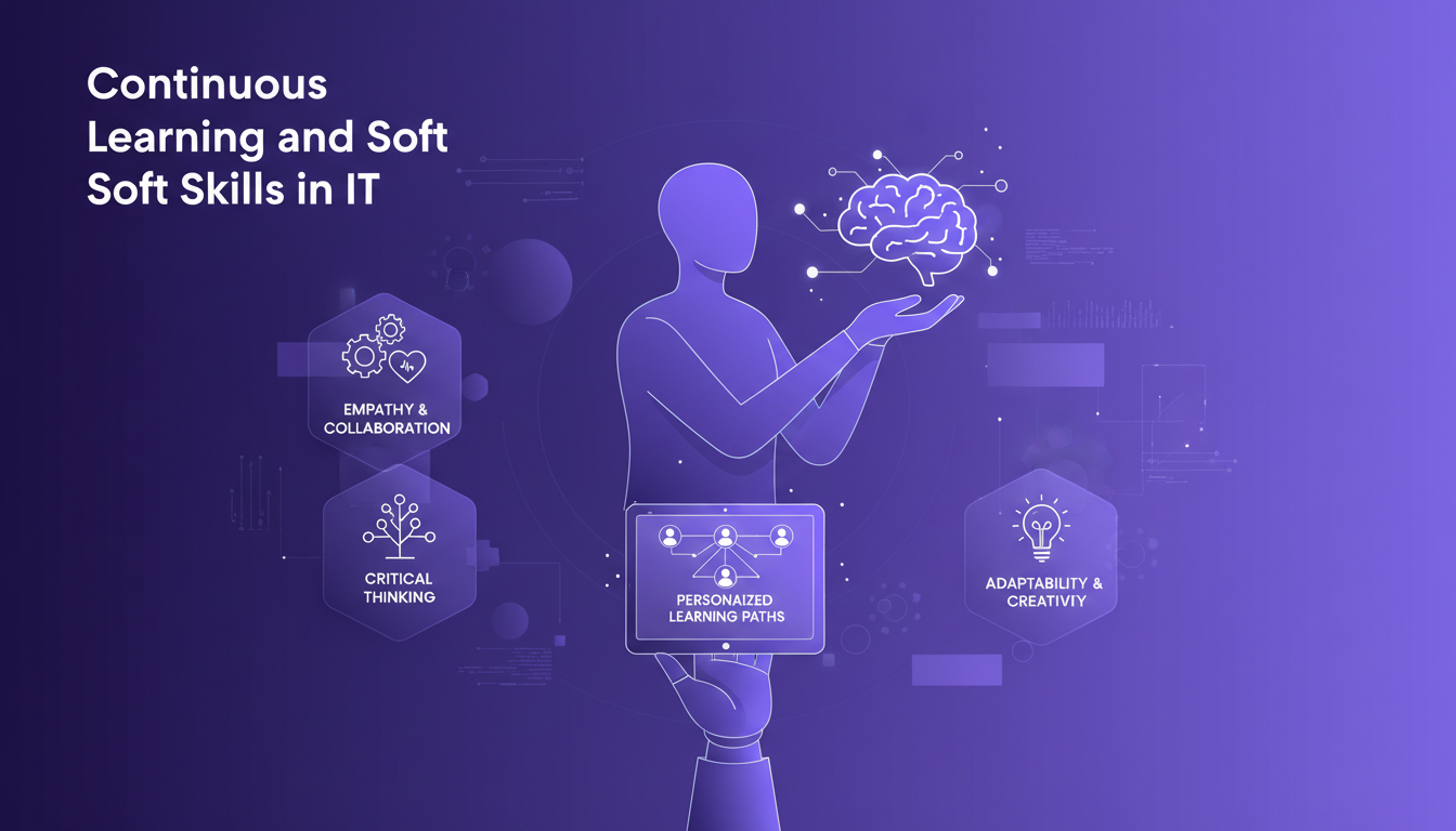 Modern illustration of continuous learning and soft skills in IT with AI, featuring geometric shapes and gradient overlays.