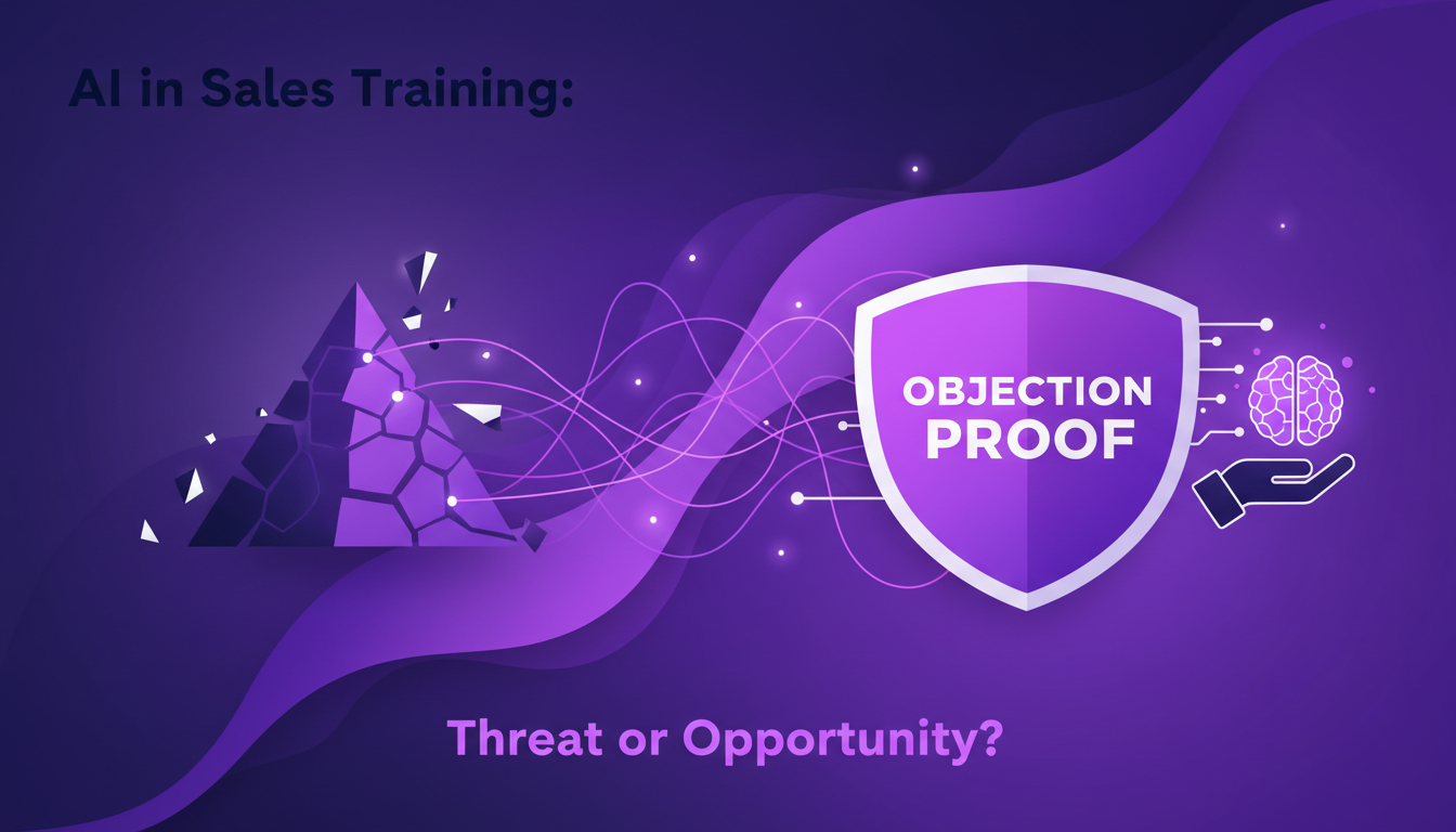 Modern illustration of AI in sales training, highlighting AI tools balancing human touch, using indigo and violet gradients.